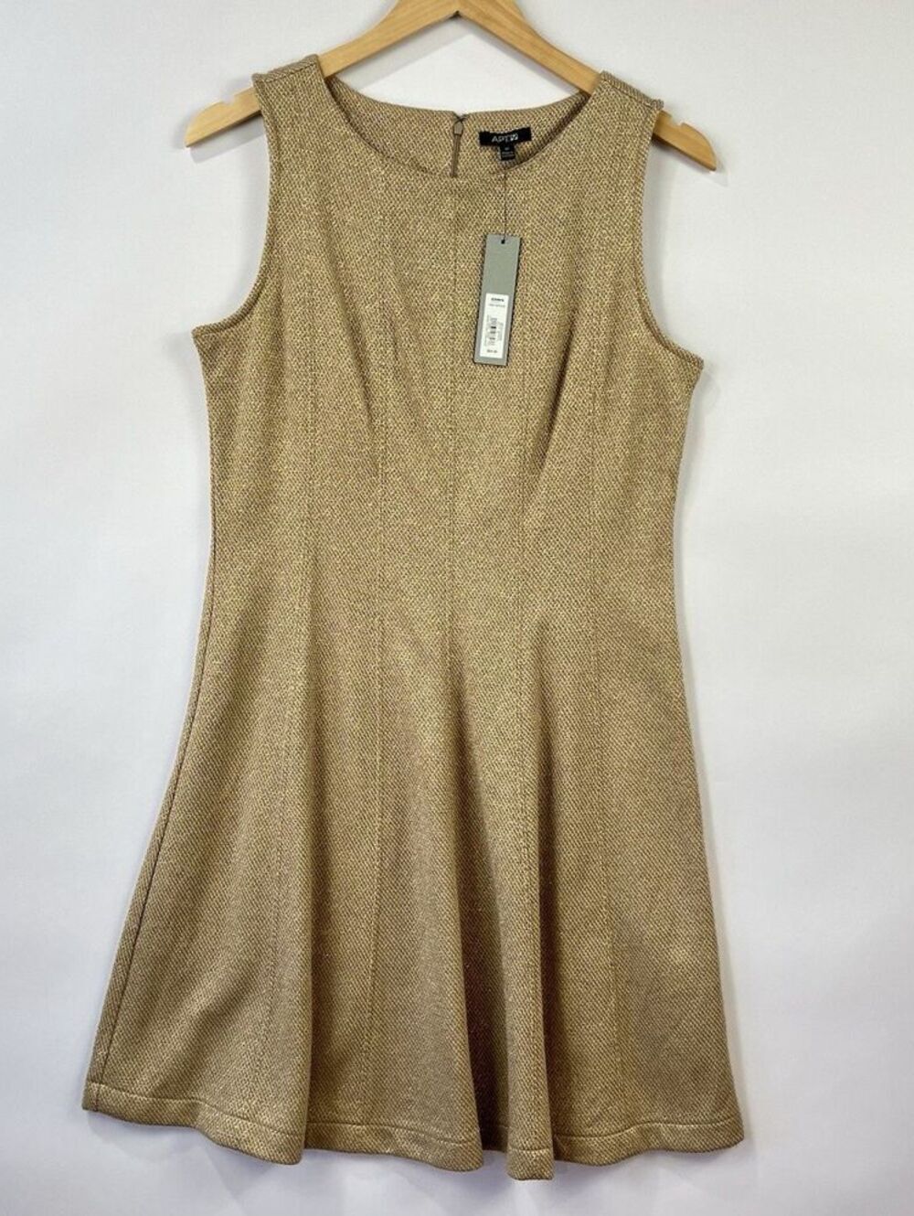 Textured Tweed Look Sleeveless Fit & Flare Dress Gold Tan A-Line Medium NWT